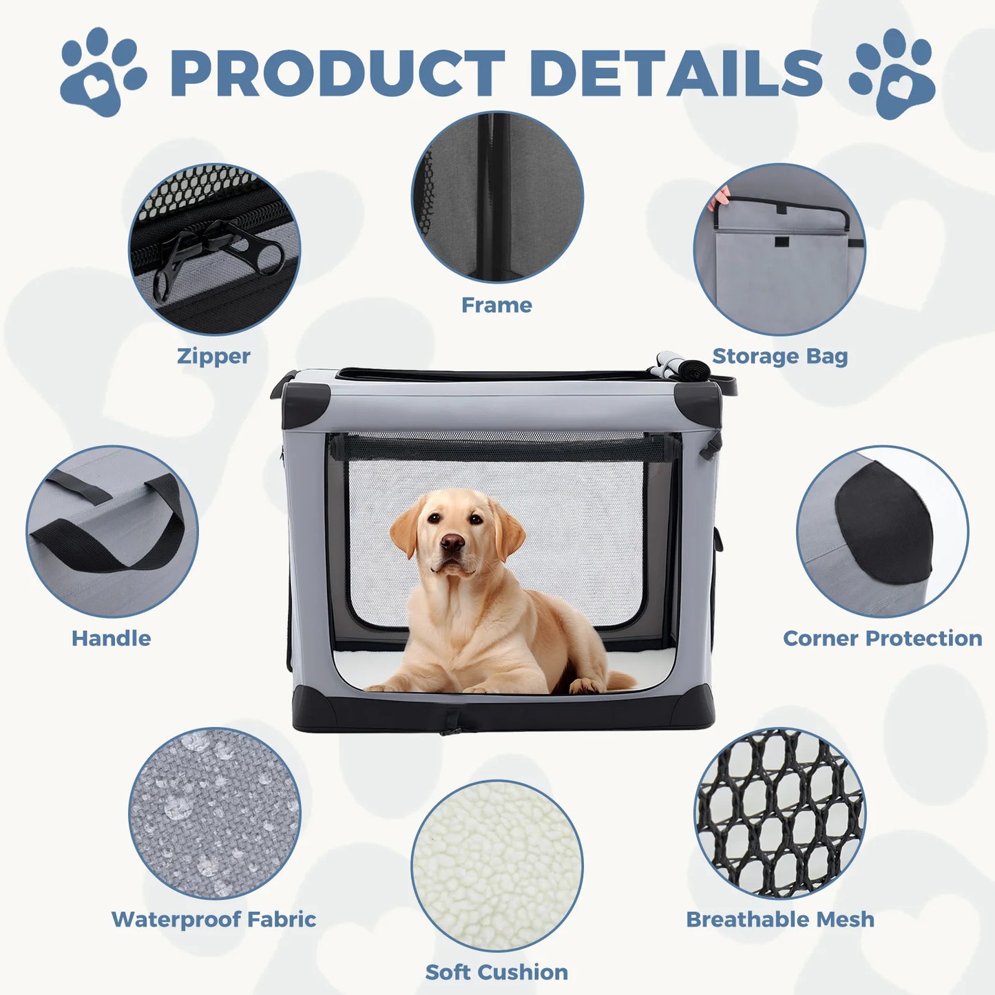 JHK Foldable Soft Dog Crate Portable Kennel With 3 Doors Indoor