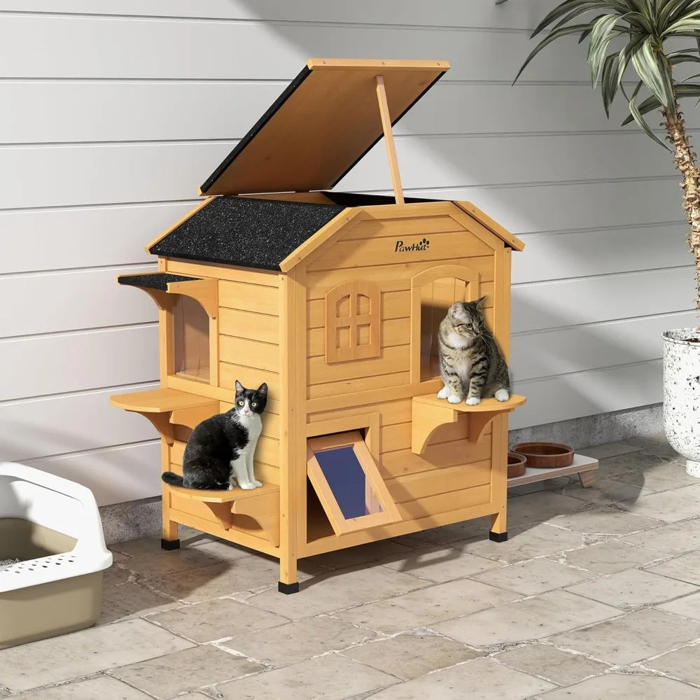 pawhut 2-story cat house outdoor, weatherproof wooden cat enclosure for feral cats with escape door, openable roof, jumping plat