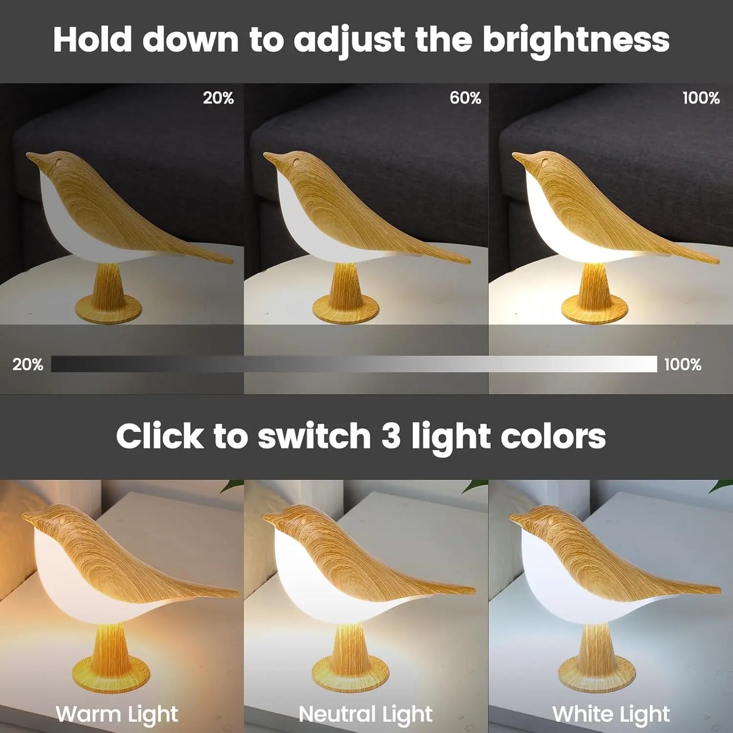 LED Bird Lamp Touch Control Three Level Dimmable USB Rechargeable