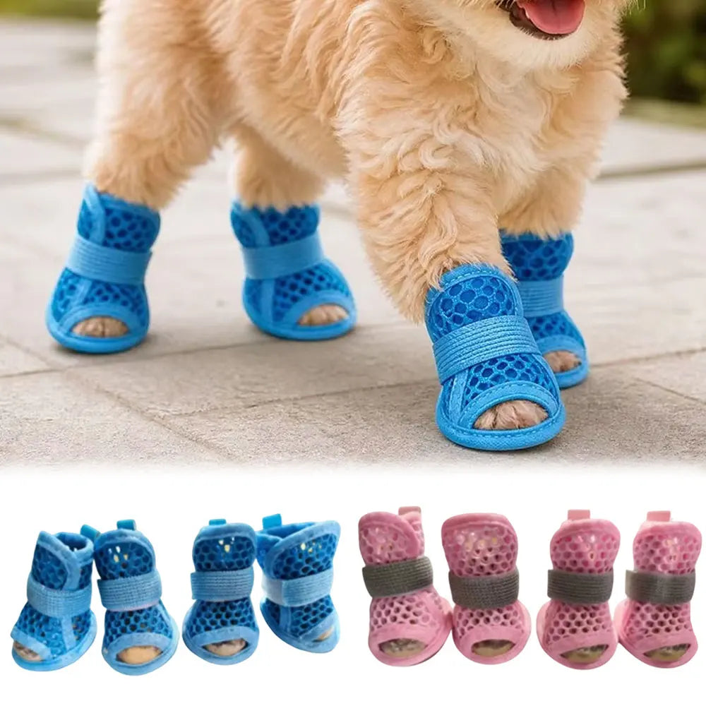 4Pcs Cute Mesh Dog Shoes Soft-sole Non-slip Cooling Dog Boots Elastic Strap Wear-resistant Dog Foot Cover For Small Medium Pets