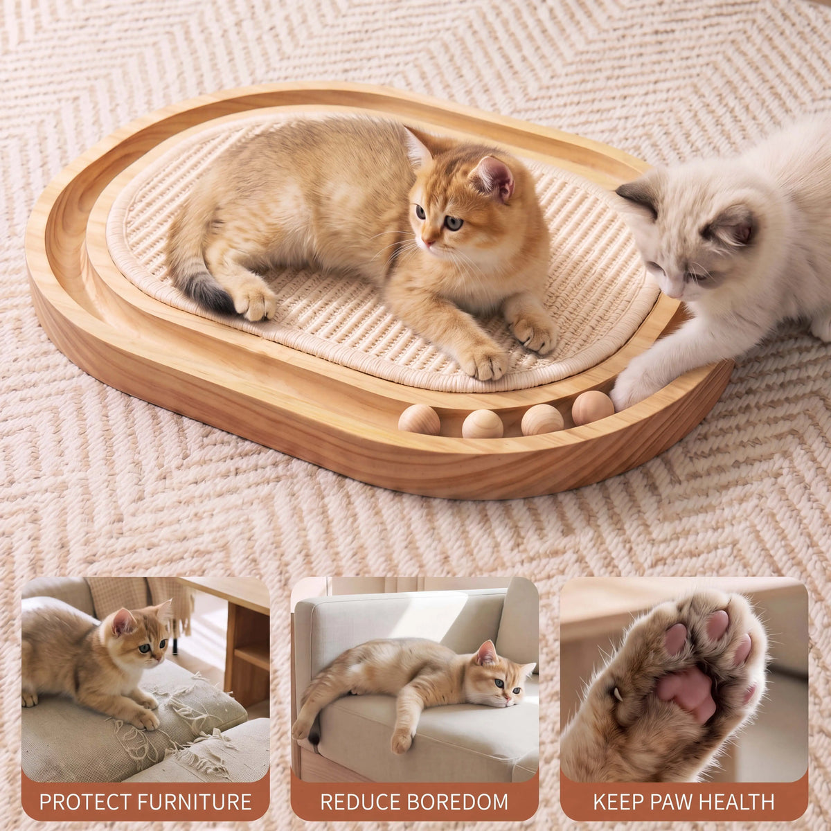 3-in-1 Wooden Oval Cat Scratcher with Rolling Balls