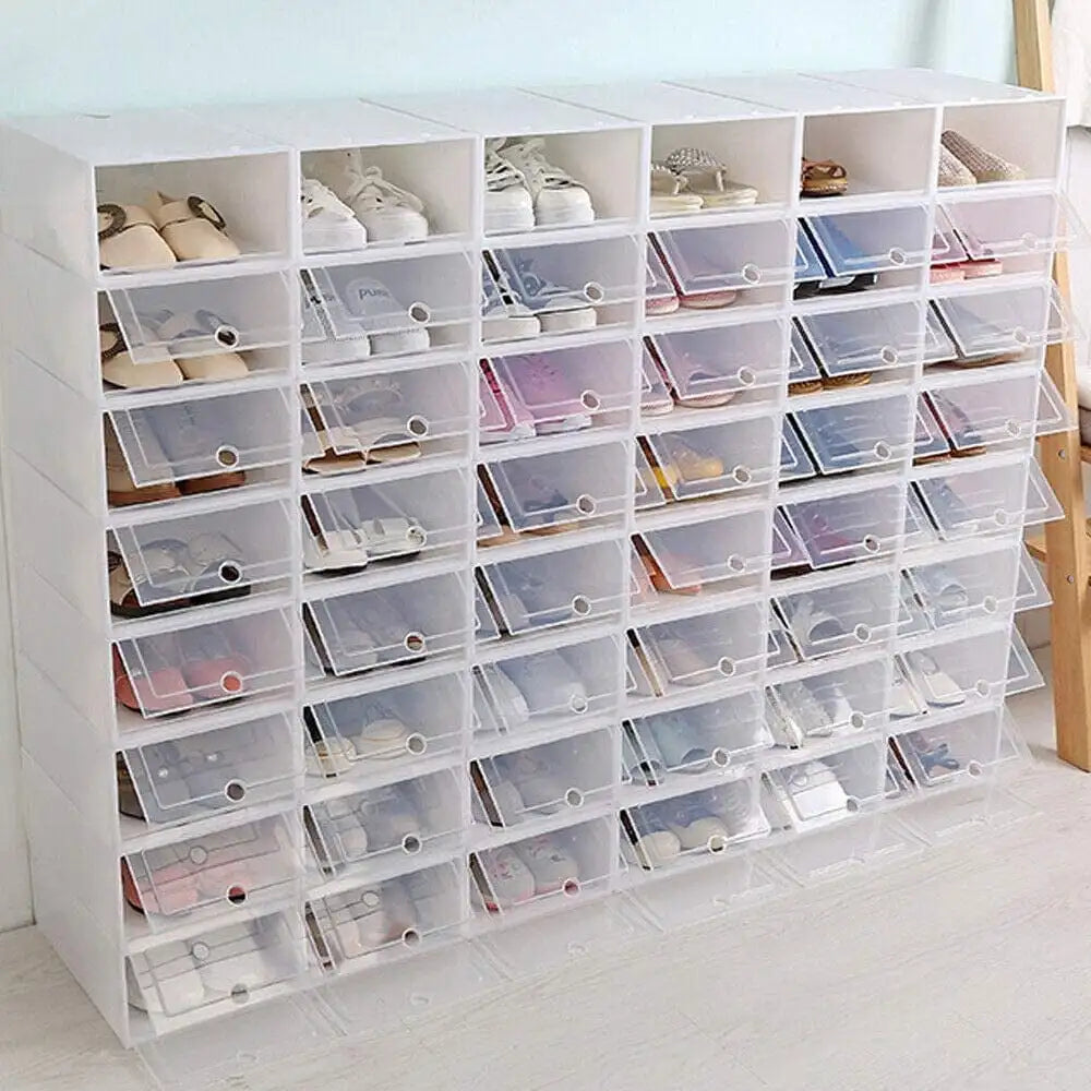 Foldable Flip Shoe Box Set Clear Plastic Stackable Storage Organizer