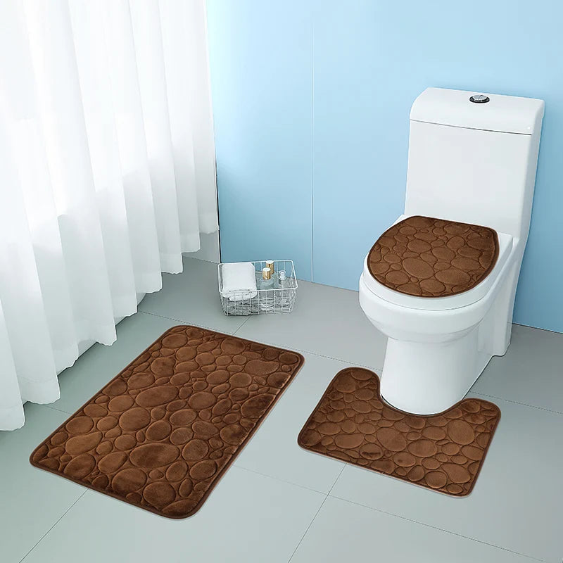 Solid Color Microfiber Bathroom Floor Mat Set Water Absorbing Non Slip Stone