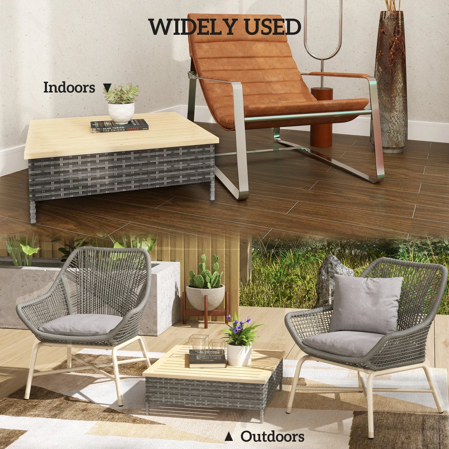Outdoor Side Table with PE Rattan, Patio End Table with Wood Top