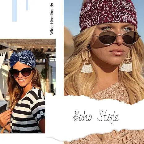 3 Pack Wide Headbands for Women Paisley Twist Hair Bands Stretchy Cross Head Turban Bandana Valentine's Day Non Slip Exercise Hair Wraps Accessories