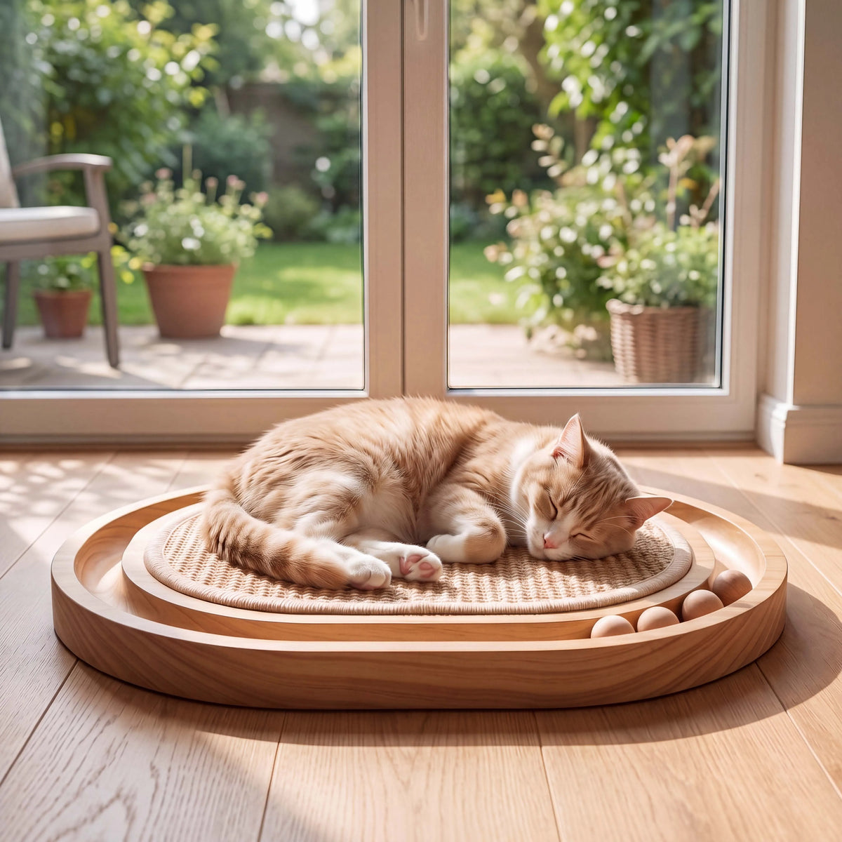 3-in-1 Wooden Oval Cat Scratcher with Rolling Balls