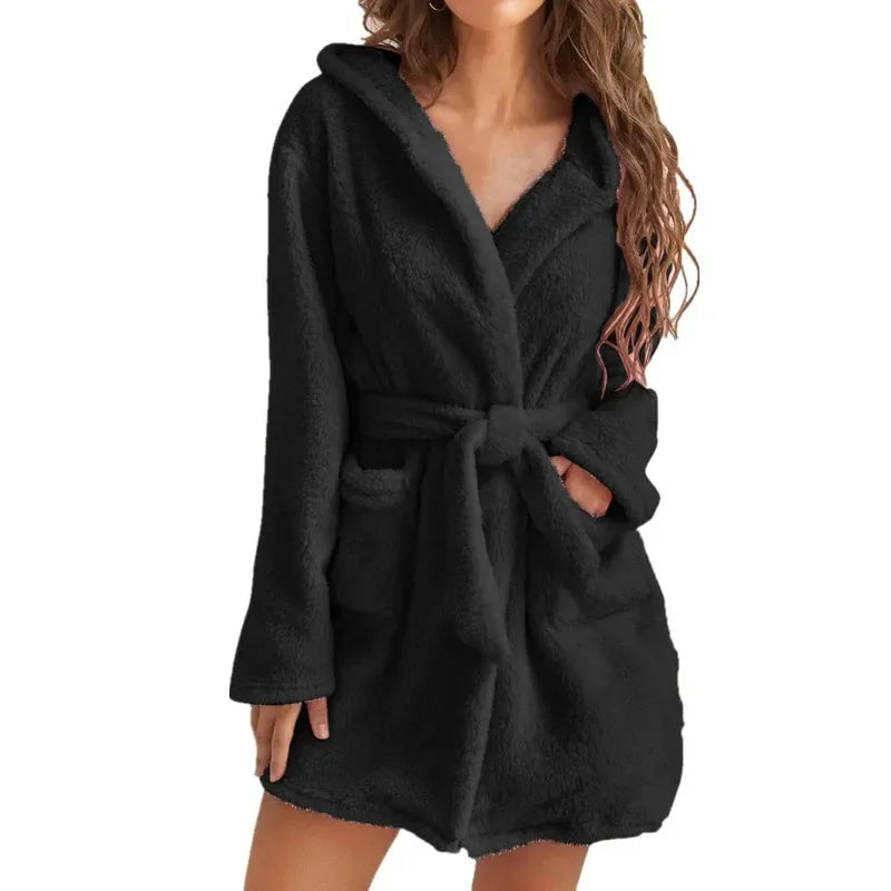 Fluffy Winter Women's Robe Plush Hooded Bathrobe Comfortable Cozy