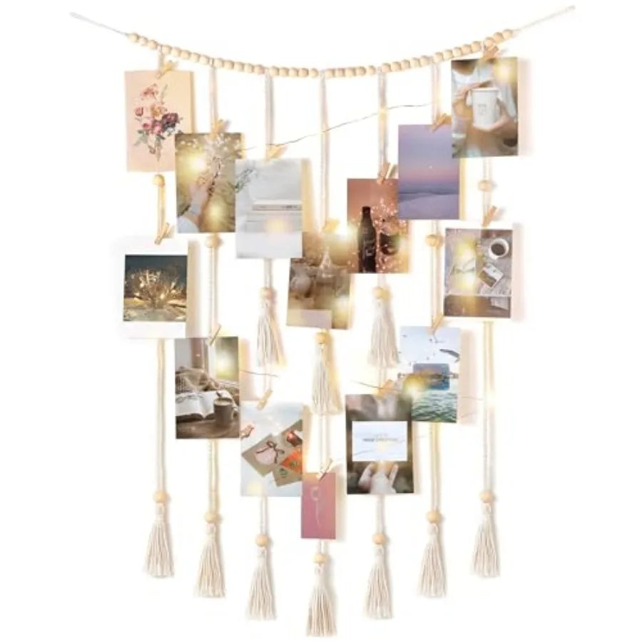 Macrame Hanging Photo Display Wall Decor with String Lights Boho Room Bedroom Wooden Beads Garland Picture Greeting Cards Holde
