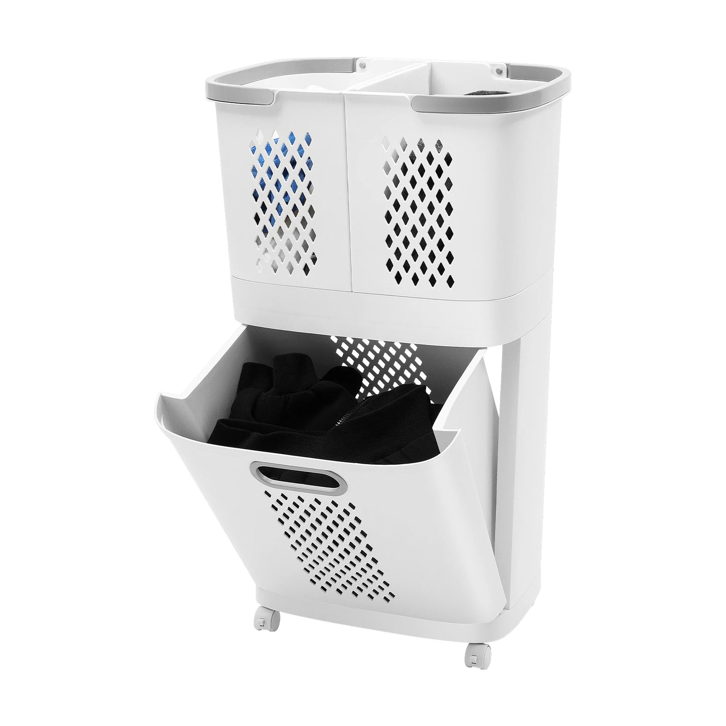 Movable Three Basket Laundry Hamper Sorter With Wheels And Handle