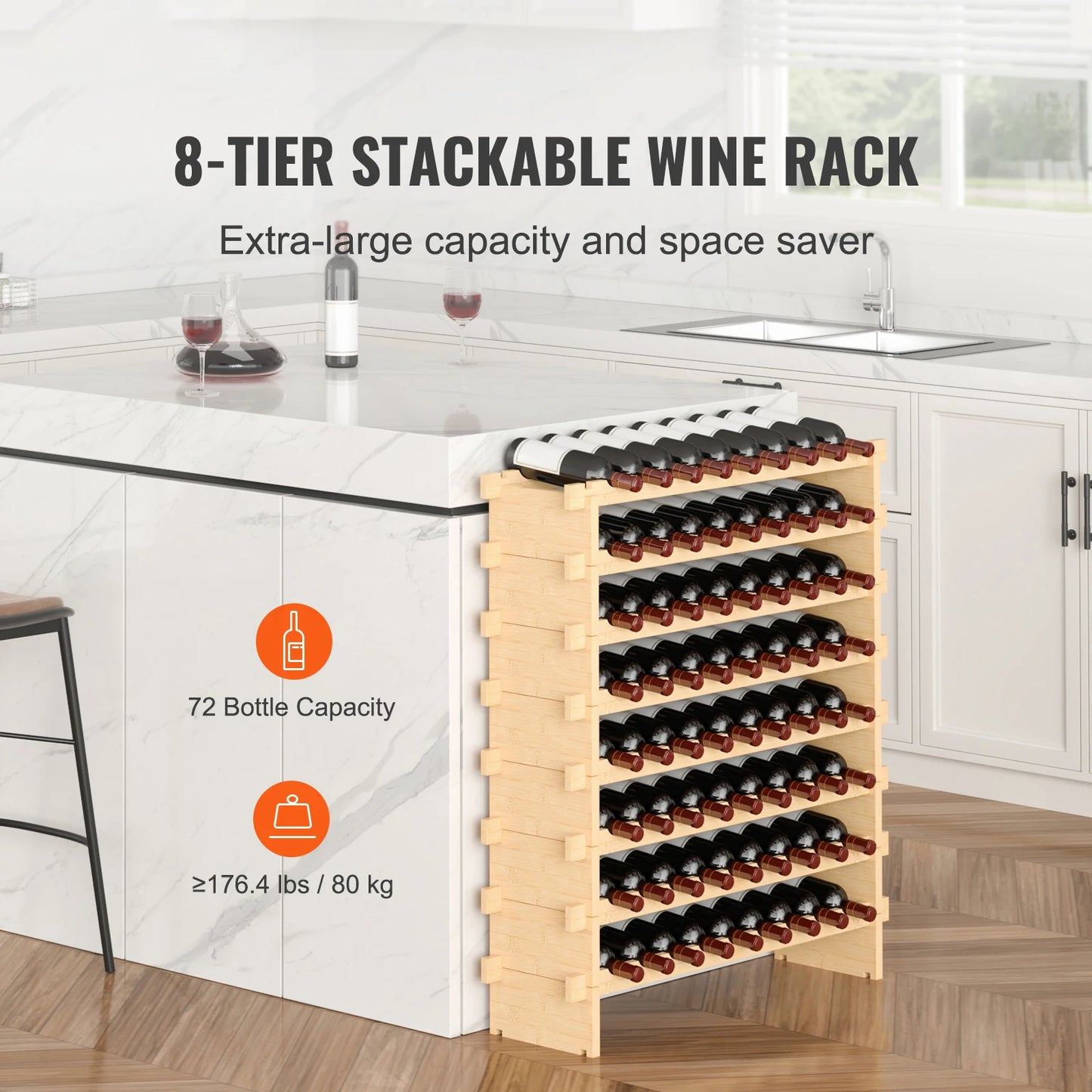 SucceBuy 8-Tier Stackable Bamboo Wine Rack Free Standing Storage
