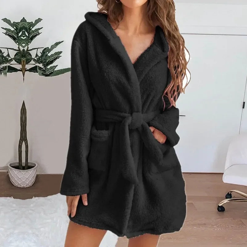 Fluffy Winter Women's Robe Plush Hooded Bathrobe Comfortable Cozy