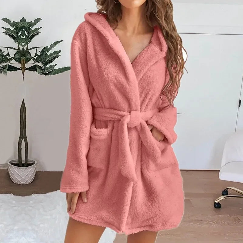 Fluffy Winter Women's Robe Plush Hooded Bathrobe Comfortable Cozy