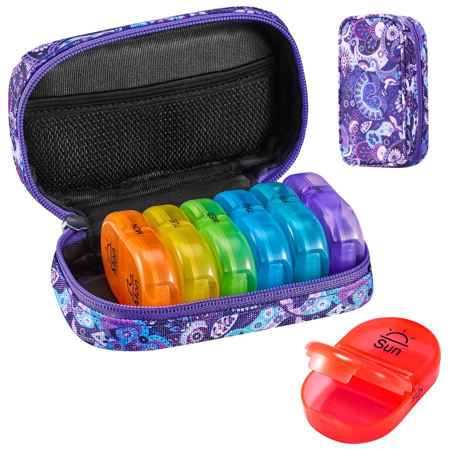 Seven Day Pill Organizer Canvas With Zip Pouch Rainbow Design