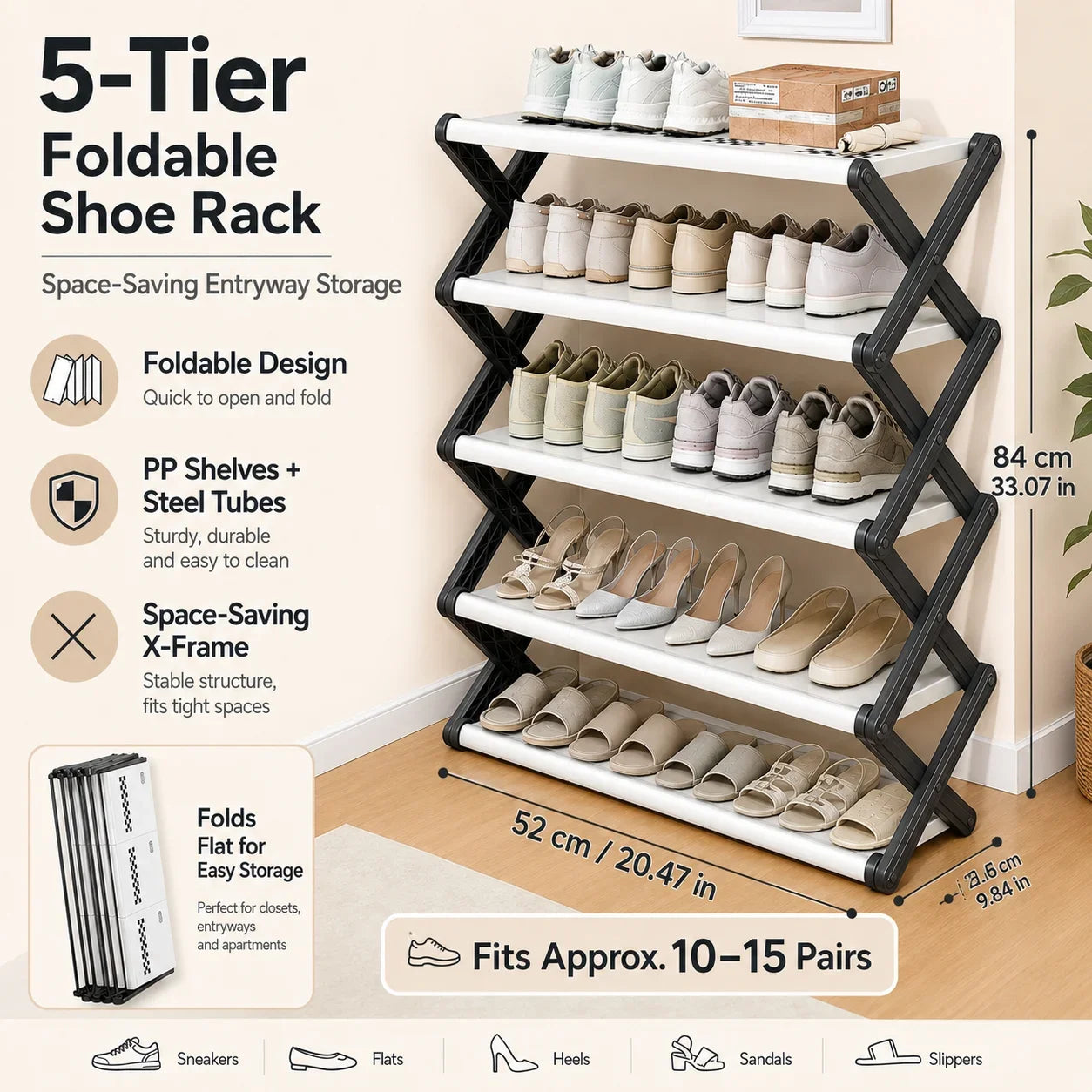 Foldable Shoe Rack Entryway Organizer With Stable X Frame And PP Shelves
