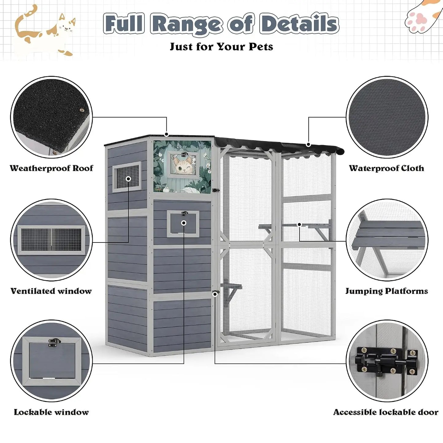 Large Wood Cat Catio, Outdoor Enclosure with Weatherproof Roof, 2 Resting Rooms, 2 Platforms, 4-Tier Cat Playpen (Grey, Custom