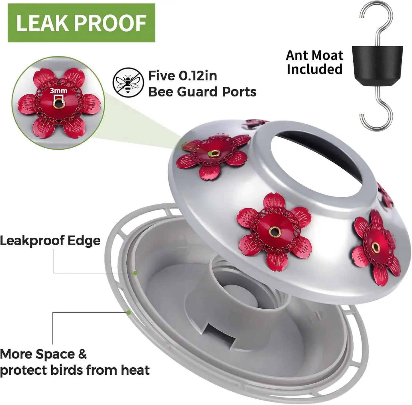 Hummingbird Feeder, Hand Blown Glass Hummingbird Feeders for Outdoors Hanging with Ant Moat, 5 Bee-Proof Ports, Leak-Proof, 360°