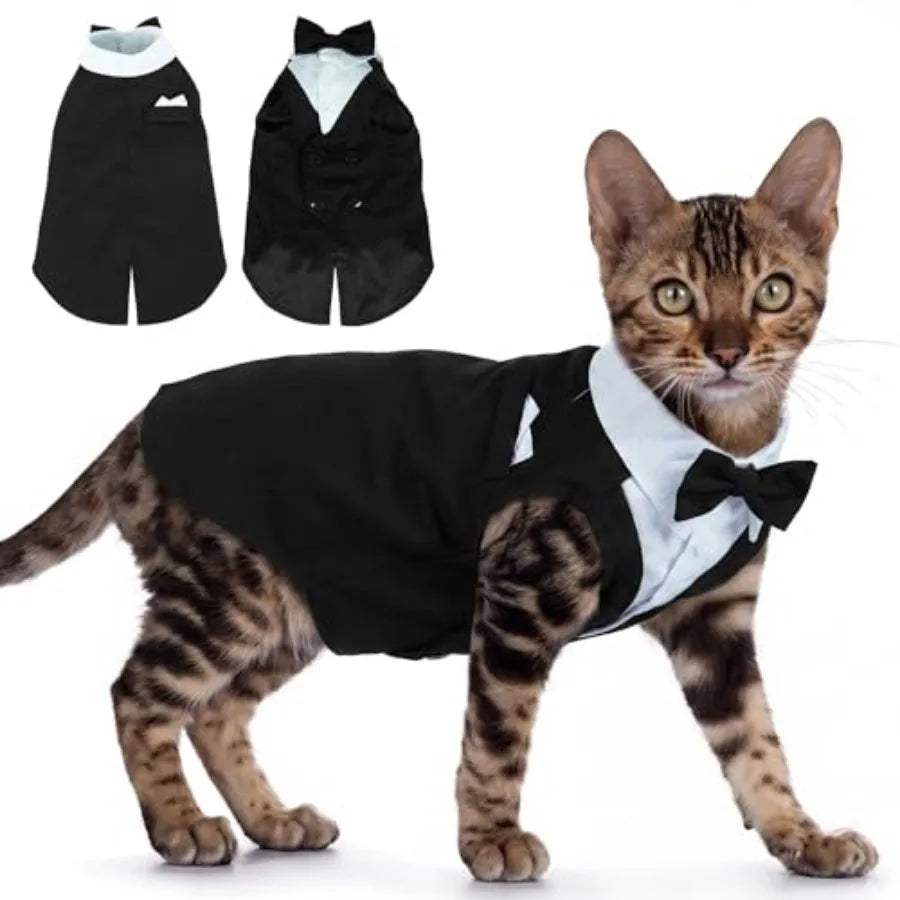 Cat Tuxedo Suit Formal Wear with Bow Tie, Soft Skin-Friendly Cat Costumes for Cats Only, Elegant Outfit for Male Female Cats, P