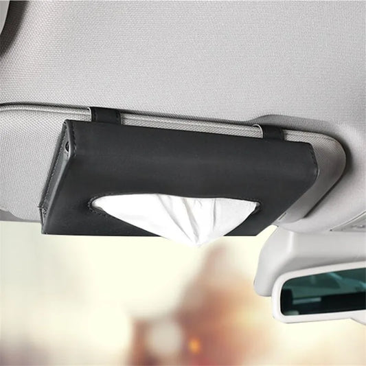 Car sun visor tissue box holder in black PU leather for interior storage