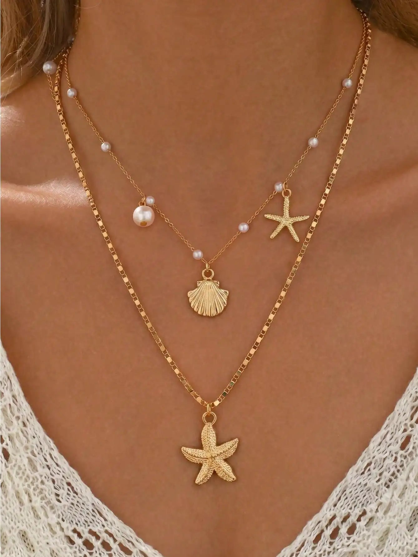 Bohemian Starfish Pearl Pendant Necklace For Beach Vacation Travel