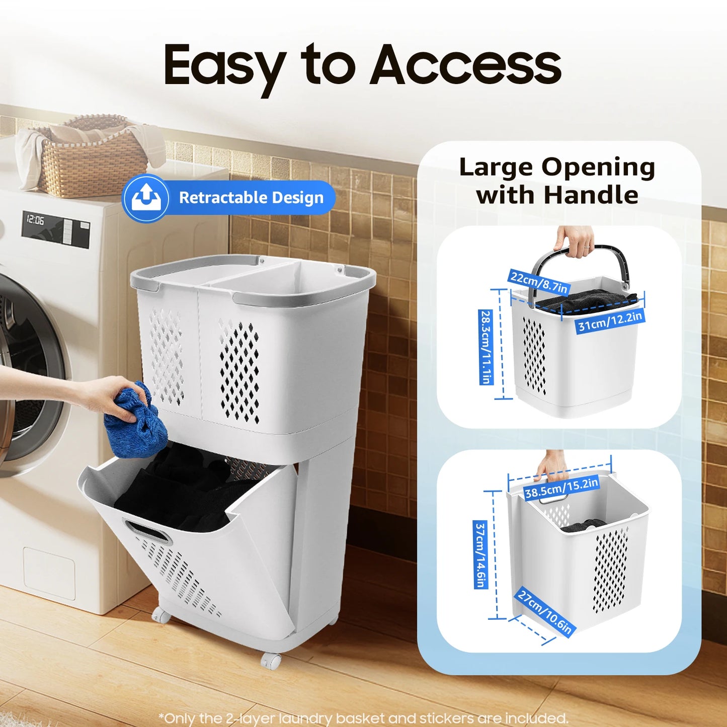 Movable Three Basket Laundry Hamper Sorter With Wheels And Handle