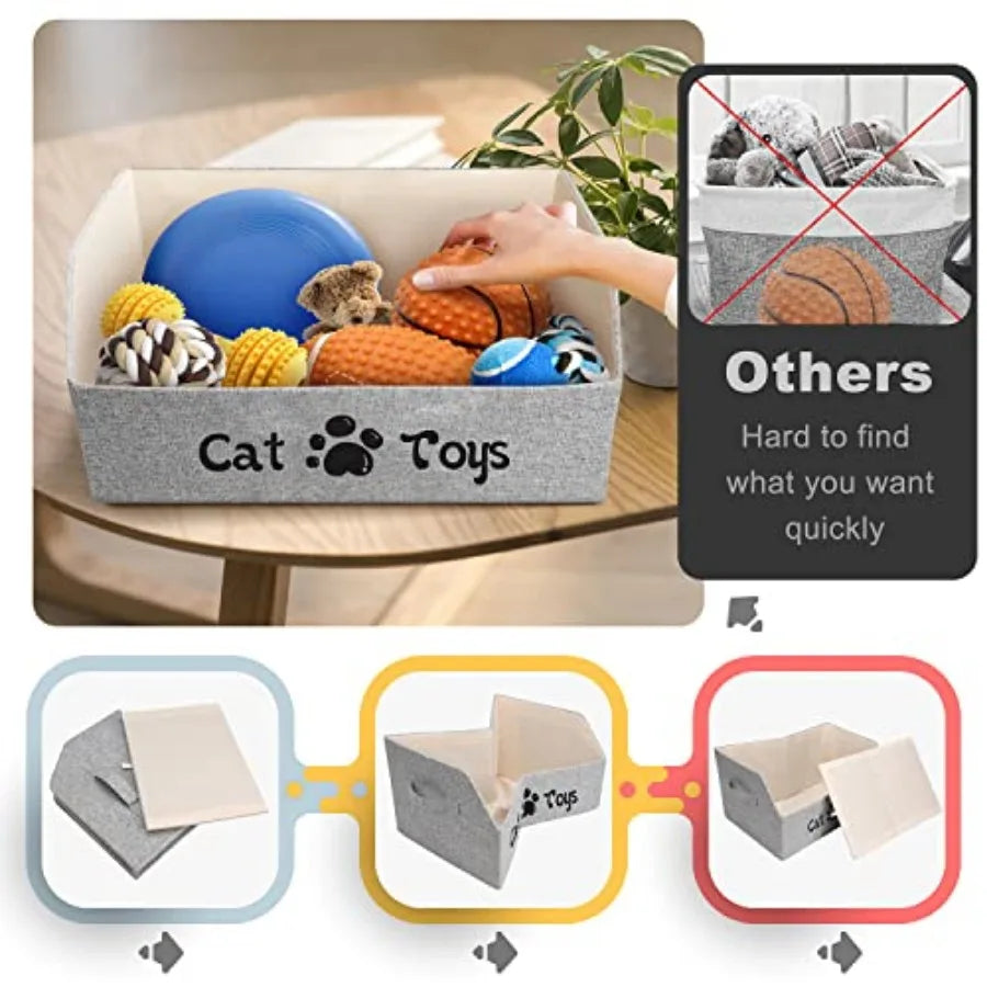 2X Thicker Large Cat Toy Bin Collapsible Cat Toy Box Sturdy Cat Toy Basket Kitten Toy Storage Bed for Organizing Cat Toys Treat