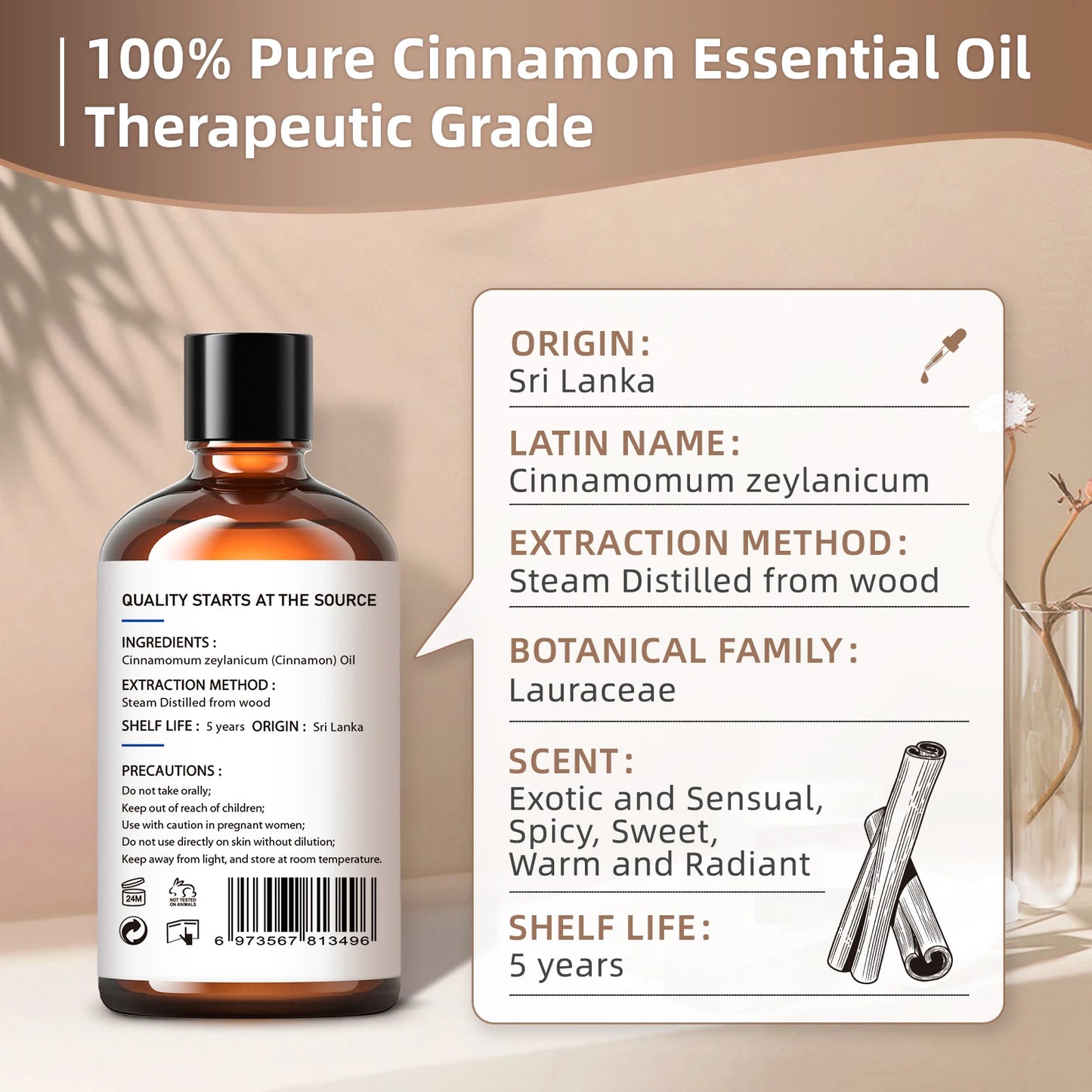 HIQILI Cinnamon Bark Essential Oil for Aromatherapy and Diffusers