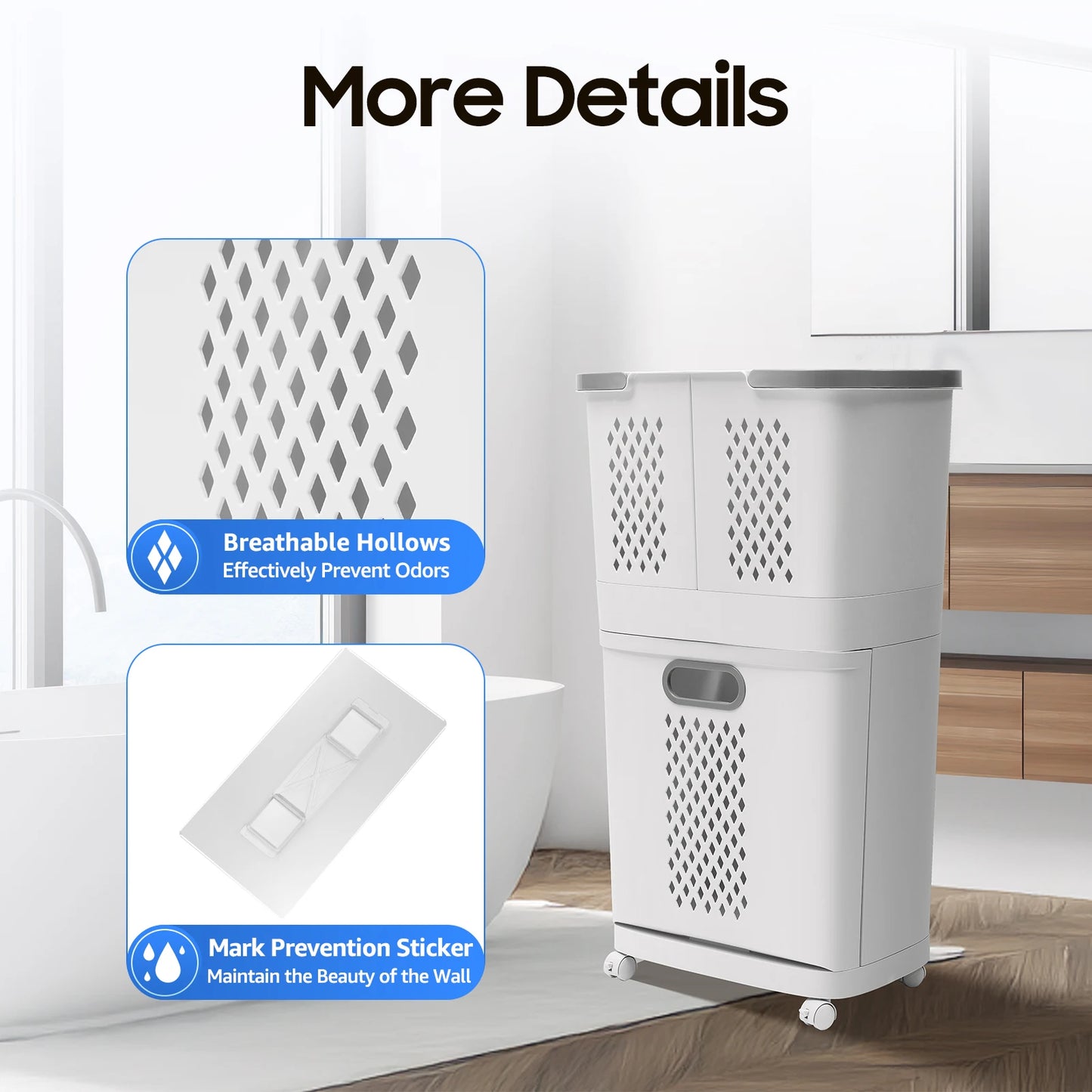 Movable Three Basket Laundry Hamper Sorter With Wheels And Handle