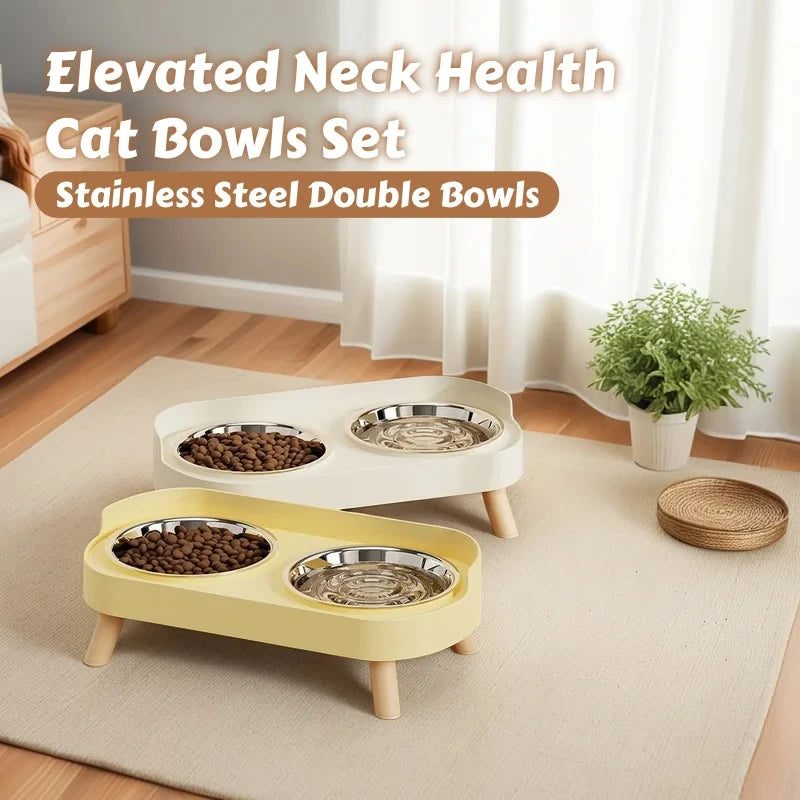 Dopamine Elevated Dual Pet Bowl Cat Dog Medium Capacity Neck Protection Stainless Steel Household Double Bowl Set