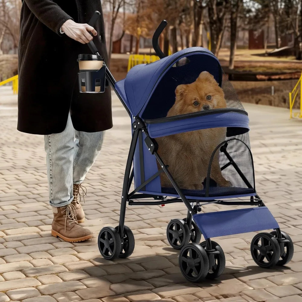 Compact Pet Stroller for Small-Medium Dogs/Cats up to 22lbs, 4-Wheel Lightweight Umbrella Shaped Portable Puppy Travel
