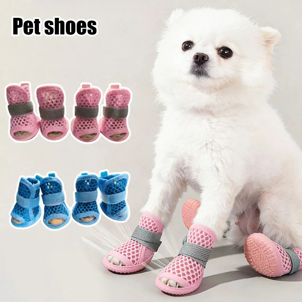4Pcs Cute Mesh Dog Shoes Soft-sole Non-slip Cooling Dog Boots Elastic Strap Wear-resistant Dog Foot Cover For Small Medium Pets