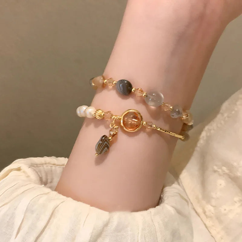 Double Layer Crystal Pearl Beaded Bracelet For Women Vintage Ethnic Style
