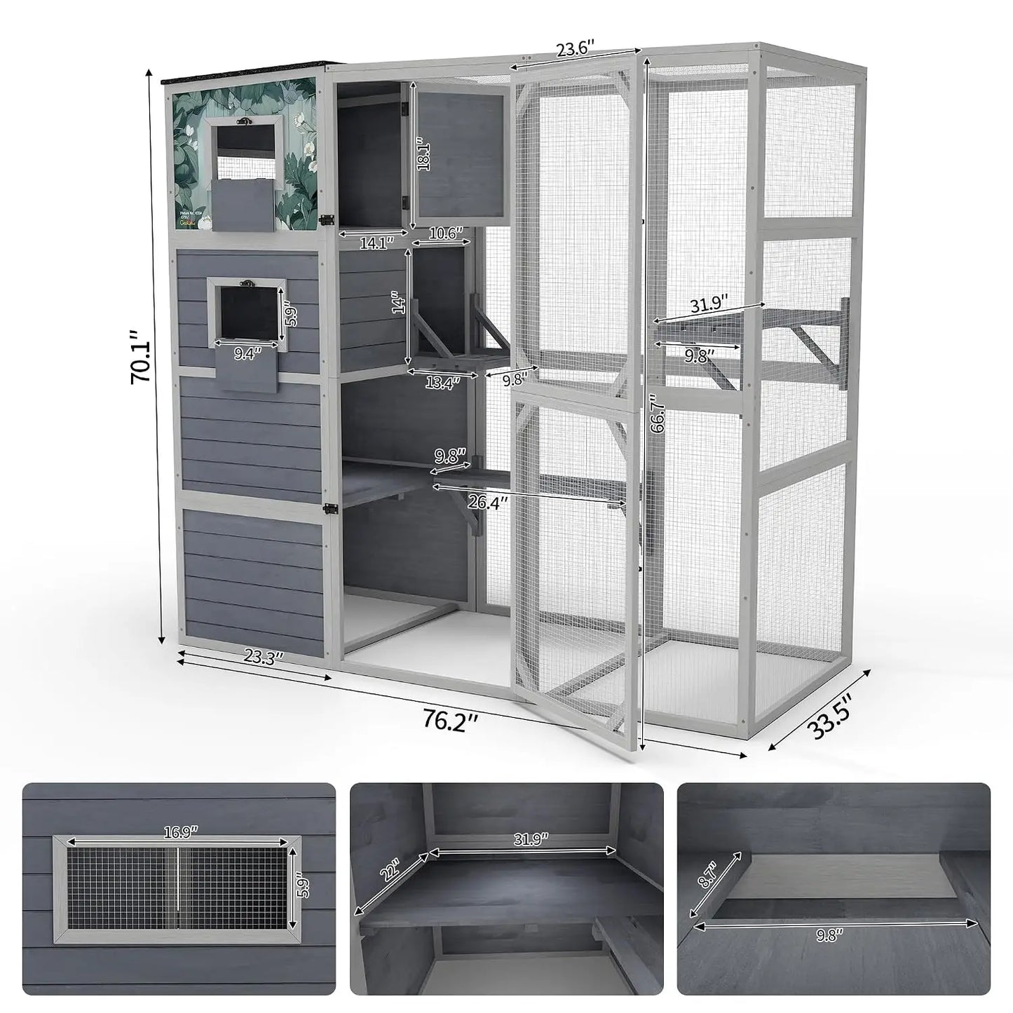 Large Wood Cat Catio, Outdoor Enclosure with Weatherproof Roof, 2 Resting Rooms, 2 Platforms, 4-Tier Cat Playpen (Grey, Custom