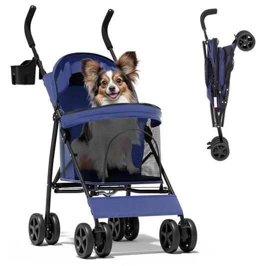 Compact Pet Stroller for Small-Medium Dogs/Cats up to 22lbs, 4-Wheel Lightweight Umbrella Shaped Portable Puppy Travel