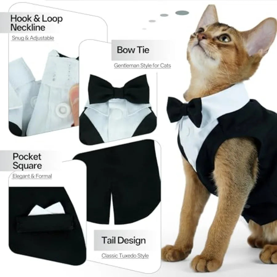 Cat Tuxedo Suit Formal Wear with Bow Tie, Soft Skin-Friendly Cat Costumes for Cats Only, Elegant Outfit for Male Female Cats, P