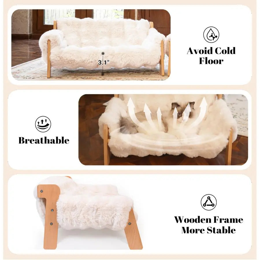 Elevated Wooden Cat Couch Bed With Removable Washable Fluffy Cover