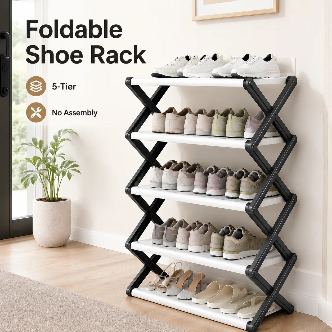 Foldable Shoe Rack Entryway Organizer With Stable X Frame And PP Shelves