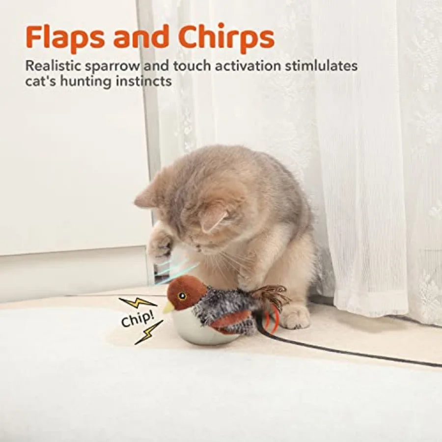 Cat Toys Rechargeable Flapping Bird Sparrow, Lifelike Chirp Tweet, Touch Activated Kitten Toy Interactive Cat Exercise Toys for