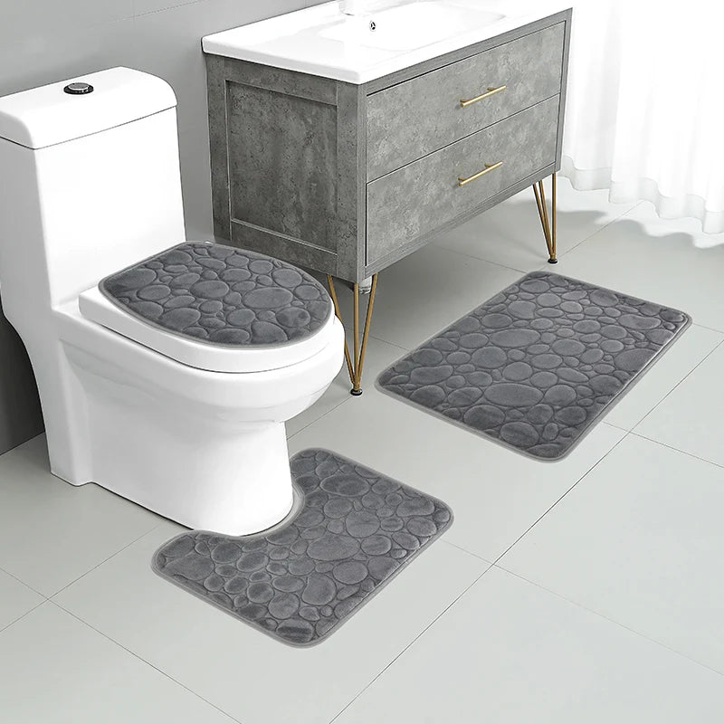 Solid Color Microfiber Bathroom Floor Mat Set Water Absorbing Non Slip Stone