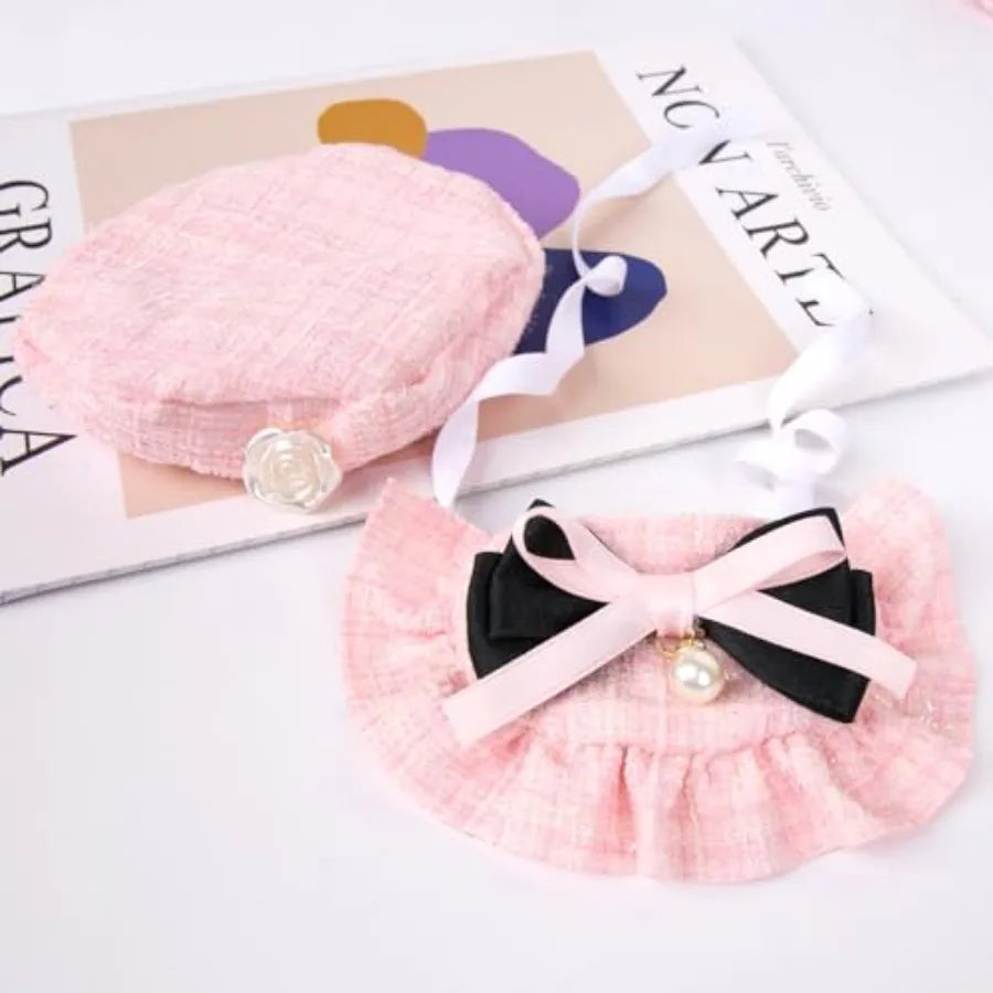 2PCS Cat Beret Hat with Small Camellia, Adjustable Satin Bowtie Bandana Scarf Set Pet Princess Costume for Halloween Christmas,