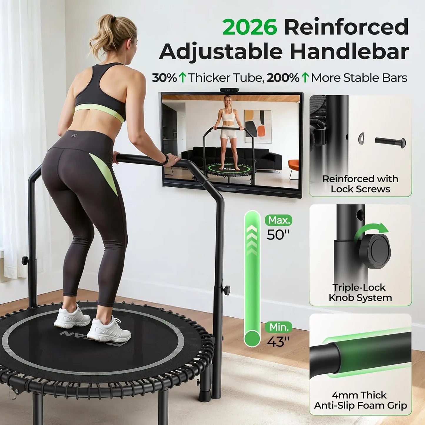 BCAN 450LBS Mini Rebounder Trampoline, Fitness Trampoline with Bungees, Adjustable Handle, Whole-Body Workout & Relaxation-40IN