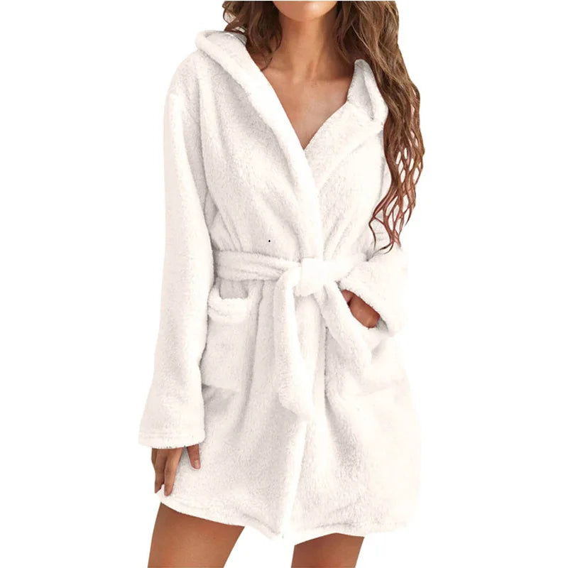 Fluffy Winter Women's Robe Plush Hooded Bathrobe Comfortable Cozy