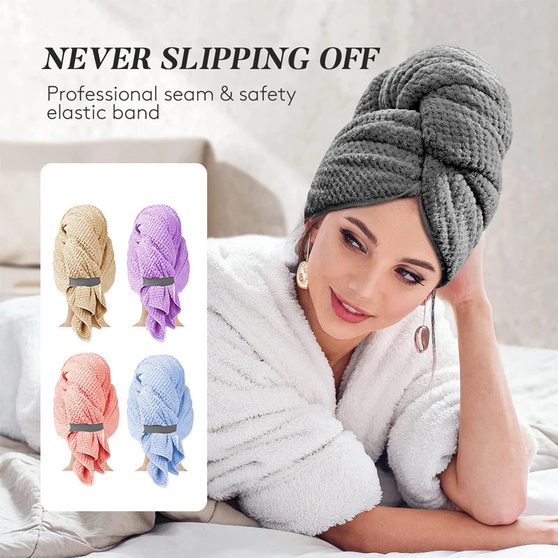 Microfiber Hair Towel Wrap With Elastic Band Ultra Absorbent Turban