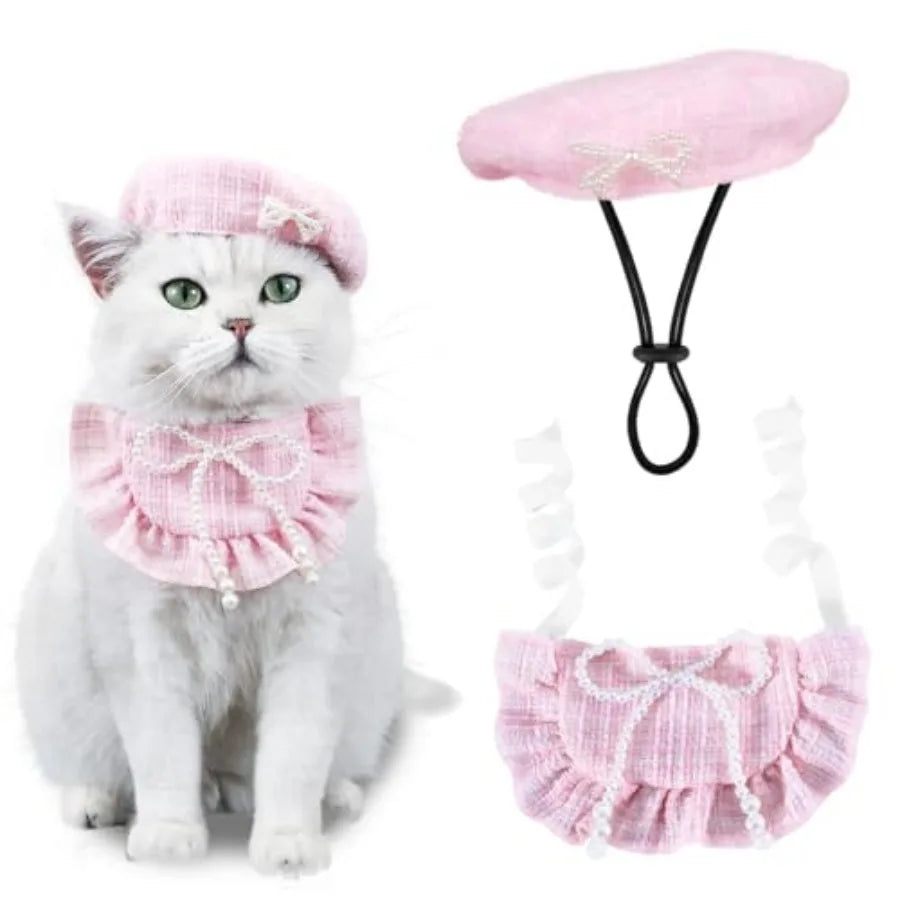 2PCS Cat Beret Hat with Small Camellia, Adjustable Satin Bowtie Bandana Scarf Set Pet Princess Costume for Halloween Christmas,