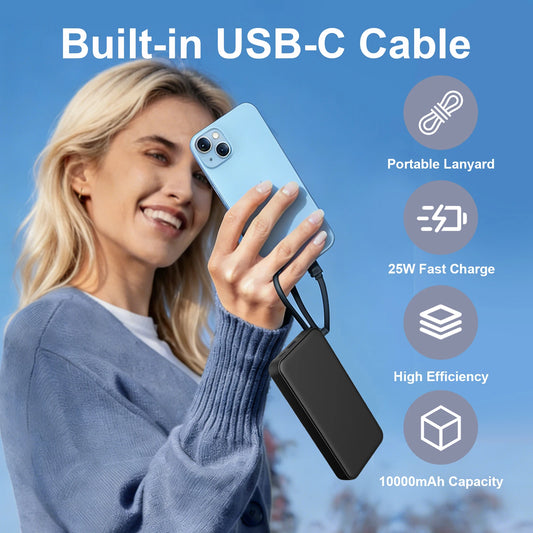 10000mAh Power Bank with Built-In Cable, 25W