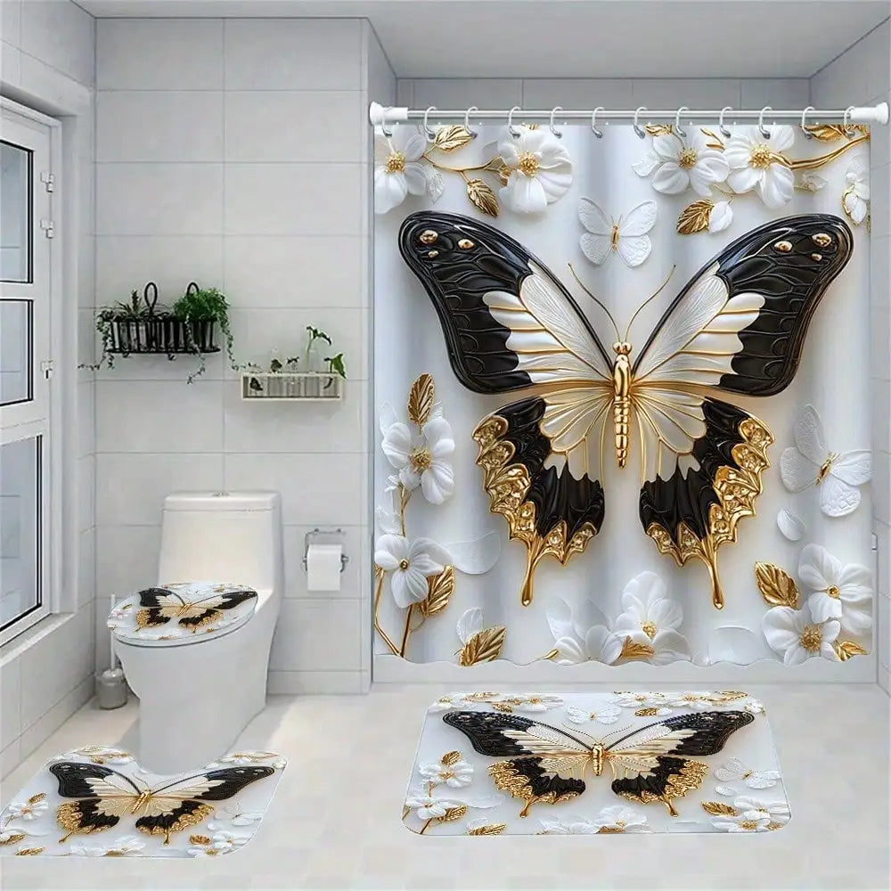 Butterfly Shower Curtain Set With Waterproof Non Slip Floor Mat