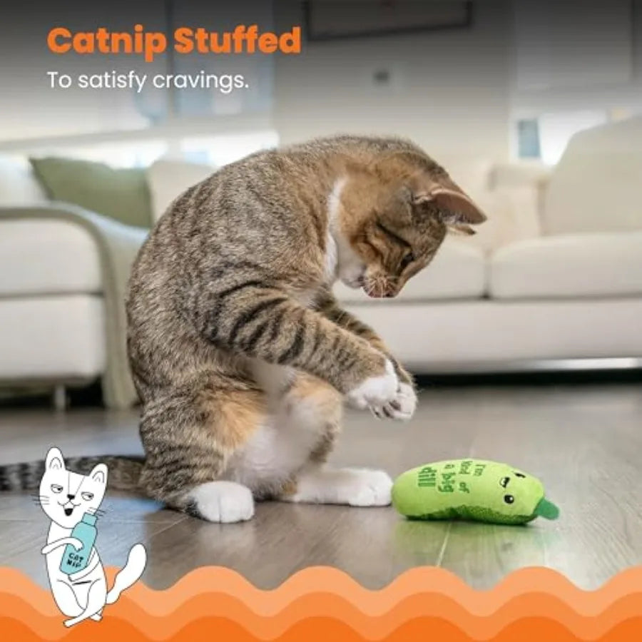 Crunchy Pickle Kicker Cat Toy Plush Crinkle Toy with Catnip and Dental Mesh, 6.5"