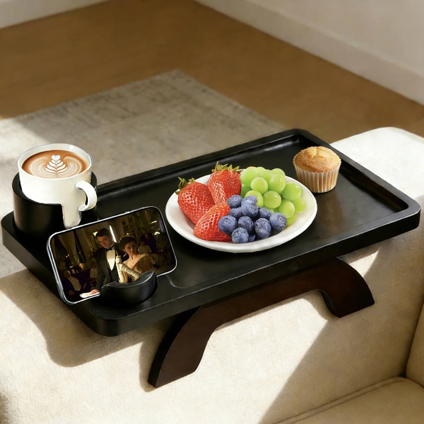 JHK Foldable 3 In 1 Clip Sofa Armrest Tray with 360° Rotating Phone Holde Couch Cup Holder Tray Anti-Slip Couch Arm Table for Drink Snacks