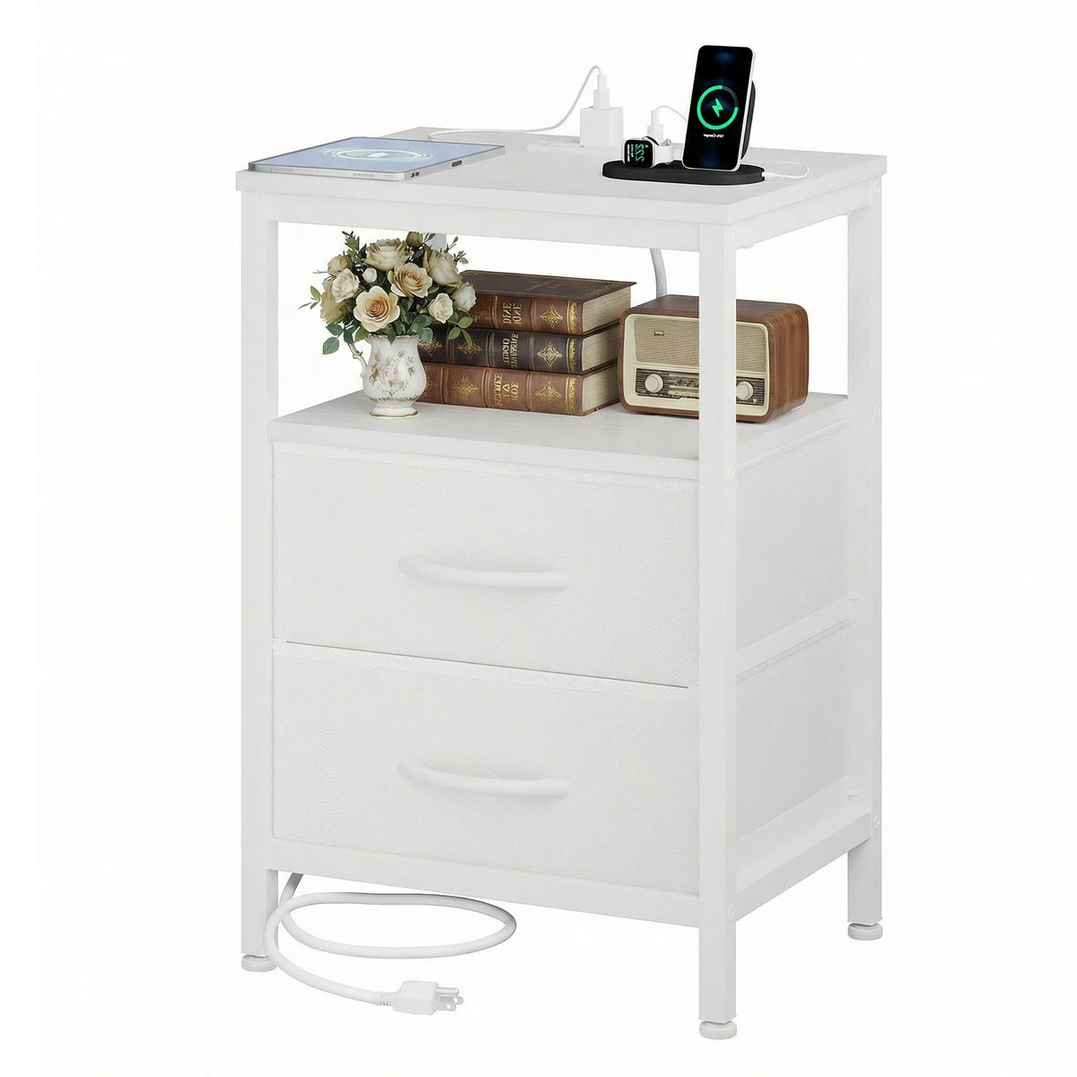 Modern Metal Nightstand with Charging Station
