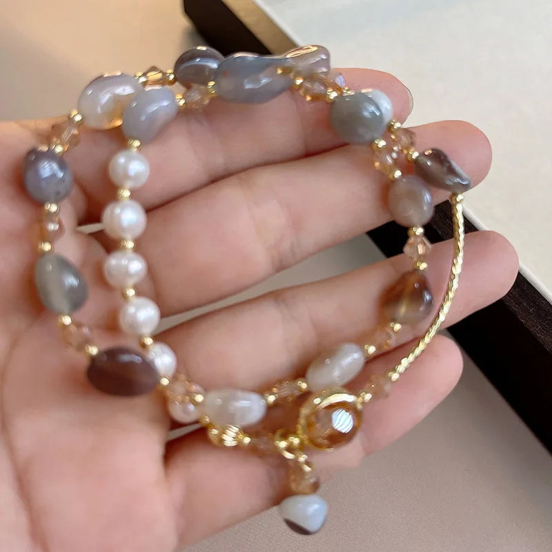 Double Layer Crystal Pearl Beaded Bracelet For Women Vintage Ethnic Style
