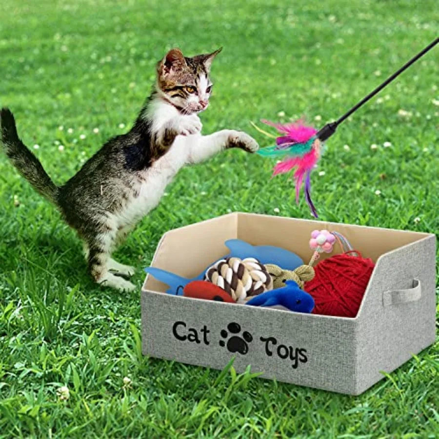 2X Thicker Large Cat Toy Bin Collapsible Cat Toy Box Sturdy Cat Toy Basket Kitten Toy Storage Bed for Organizing Cat Toys Treat